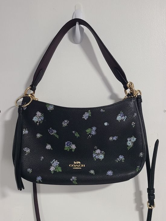 Coach Handbags - Coach Black Pebbled Leather Shoulder Bag with Purple & Green Floral Print